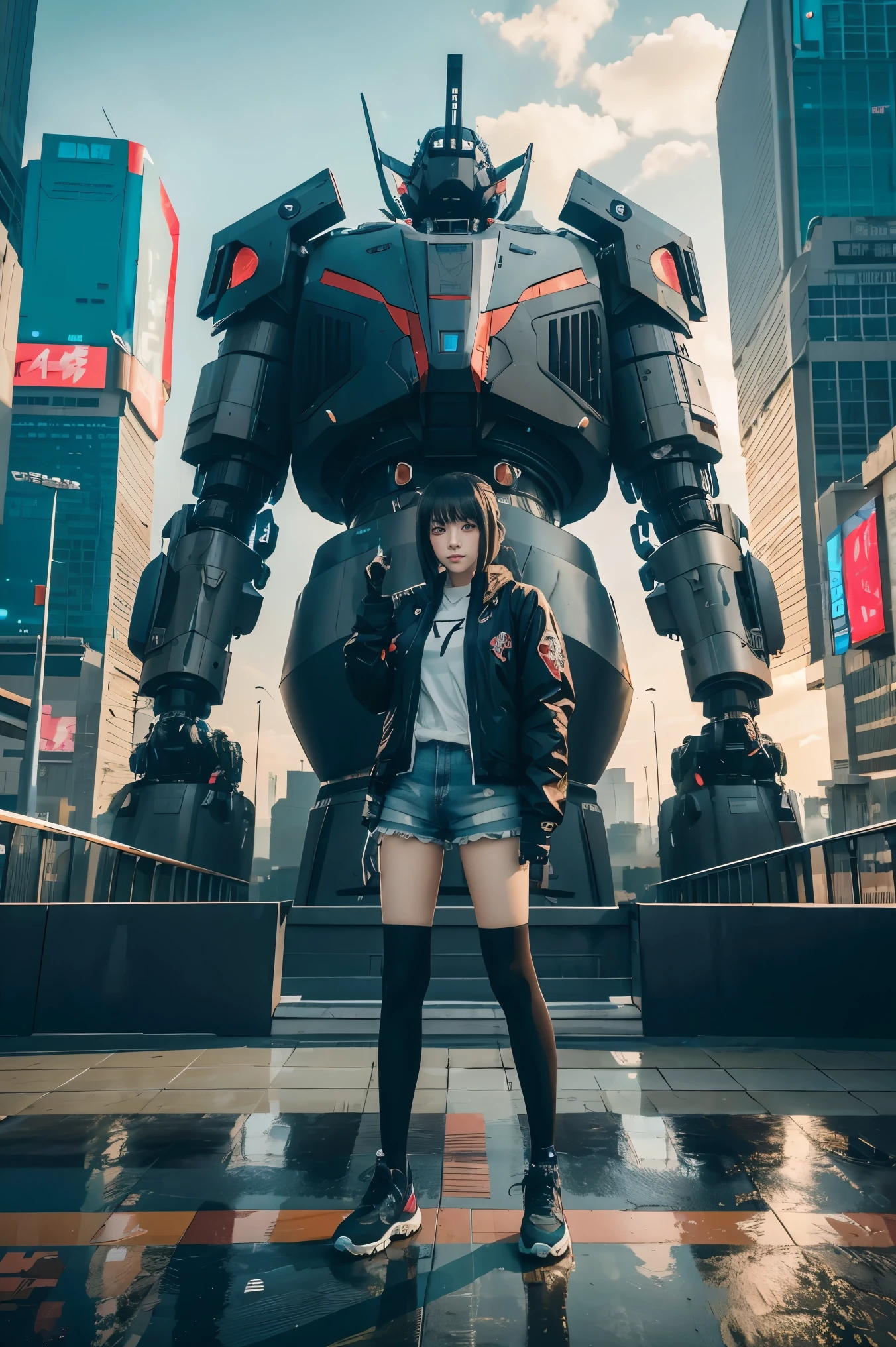 Ultra HD, Movie, Girl in Shorts and Jacket Standing Next to Giant Robot, Guweiz-style artwork, CyberPunk Girl Mecha, Trends on CGSTATION, Guweiz, Russell Dongjun Lu, Digital Cyberpunk Art, Ross Tran 8 K, Guweiz on ArtStation Pixiv, Girl in Mecha Network Armor