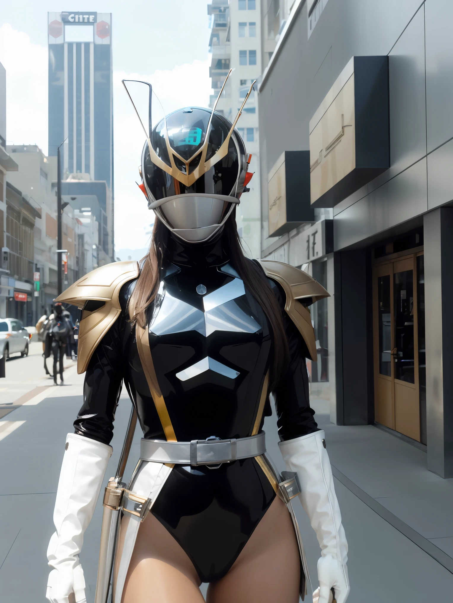 (extremely detailed CG), (best quality), perfect face, shiny skin, lustrous skin solo , Kaixa913,rider belt,gloves, antennae,black bodysuit,bodysuit, ,belt, armor,   helmet,, city background,full helmet