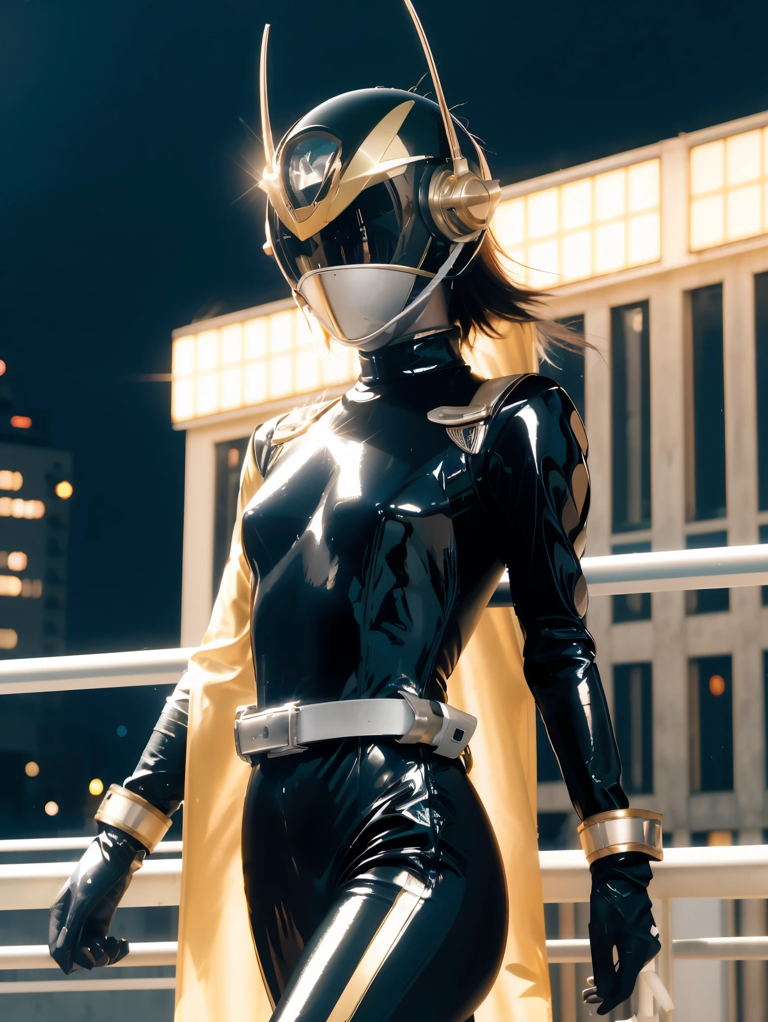 (extremely detailed CG), (best quality), perfect face, shiny skin, lustrous skin solo , Kaixa913,rider belt,gloves, antennae,black bodysuit,bodysuit, ,belt, armor,   helmet,, city background,full helmet