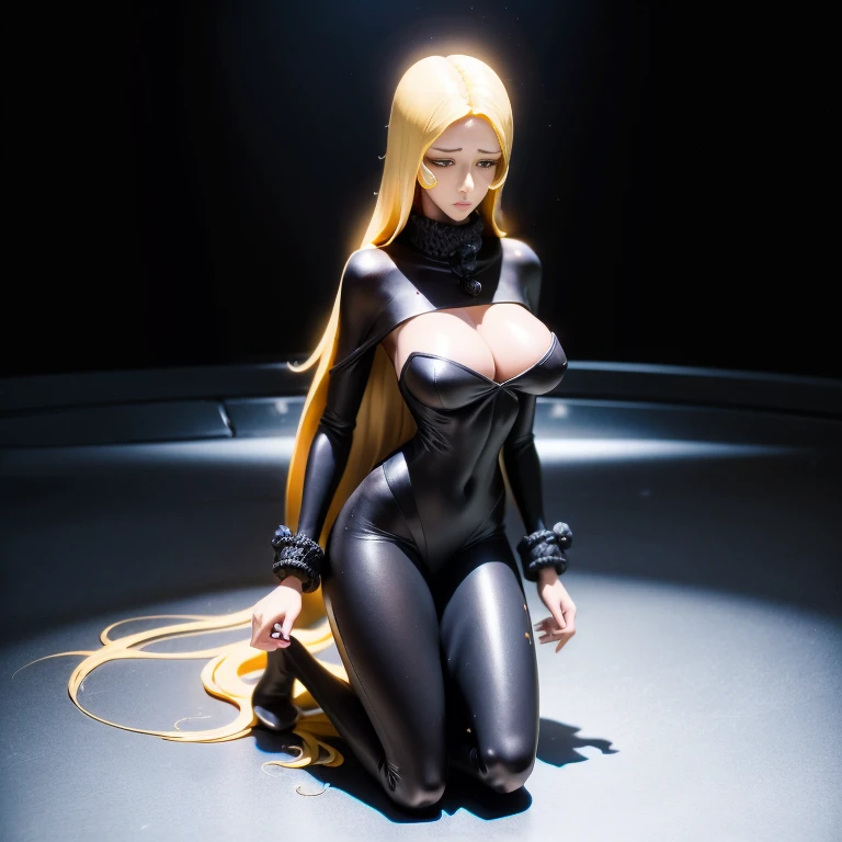Maetel、One 19-year-old woman、Long golden hair、,Black coat、Kneel,His hands were tied behind his back,Golden Handcuffs,Gold chain,Golden Collar,Big Breasts、Large Breasts、Hands are tied in handcuffs,Tears flow,suffering,contortion,white milk,Whipping,Electric shock,Leather Whip,injection,