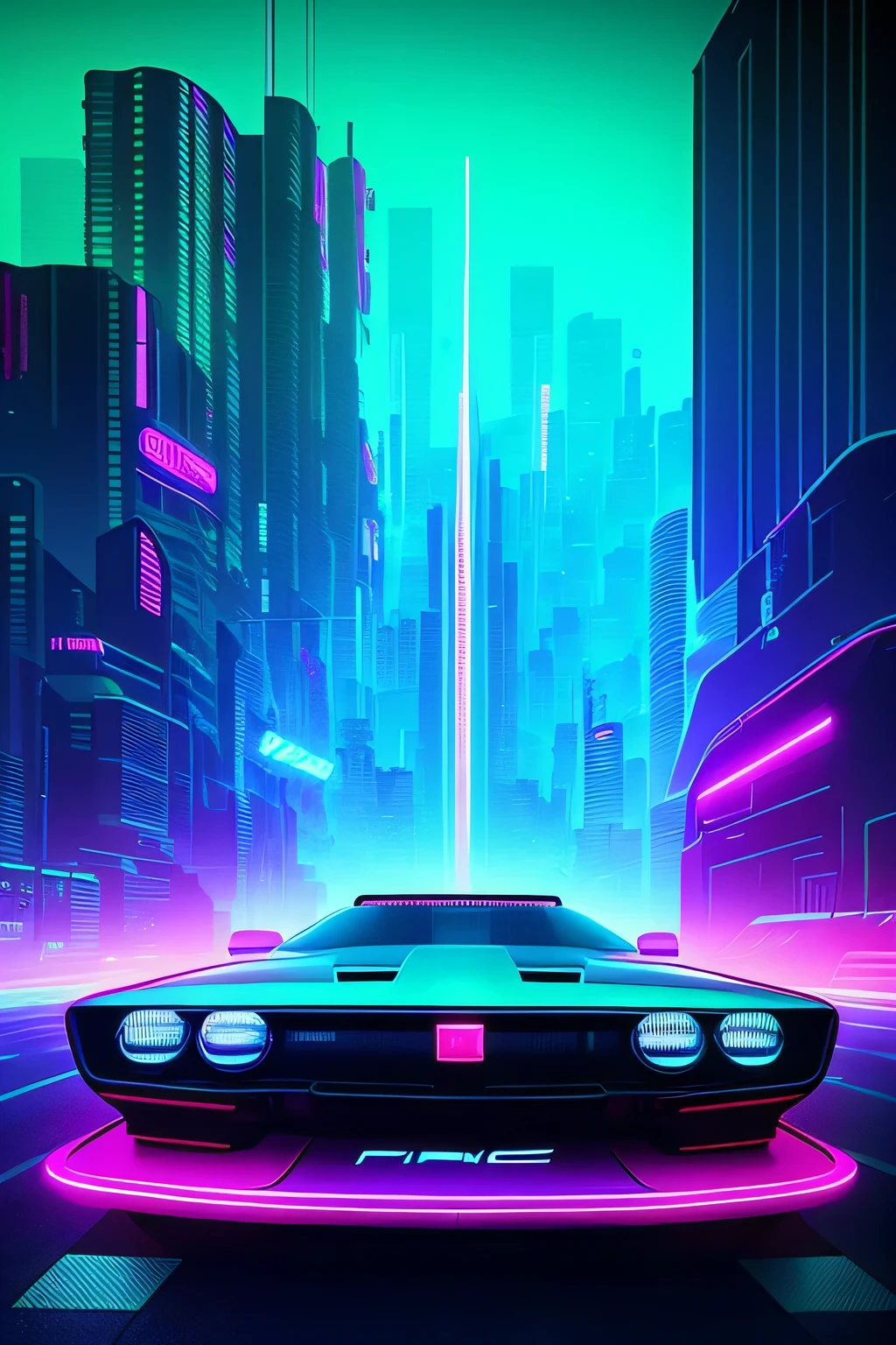 futuristic city with neon lights and a car in the foreground, cyberpunk art inspired by Syd Mead, cg society contest winner, retrofuturism, cyberpunk garage on jupiter, neon city in the background, cyberpunk with neon lighting, in cyberpunk city, in a futuristic cyberpunk city, detailed neon cyberpunk city, cyberpunk city, cyberpunk cityscape, hyper realistic cyberpunk city, neon rainy cyberpunk setting