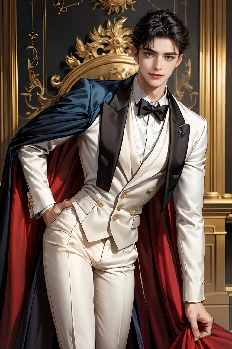 
masterpiece, 最high quality, high quality, 1 boy, alone, Male focus, Watching the audience,  Messy black hair, Adorable big blue eyes, White, Noble, Noble, Tuxedo、A very voluminous, large, very large, very large, long, long red and black cape with a high stand-up collar, reaching down to the floor, made of a lot of fabric., 17 years old,Cute beautiful boys,Cute, cute, gentle smiling handsome man