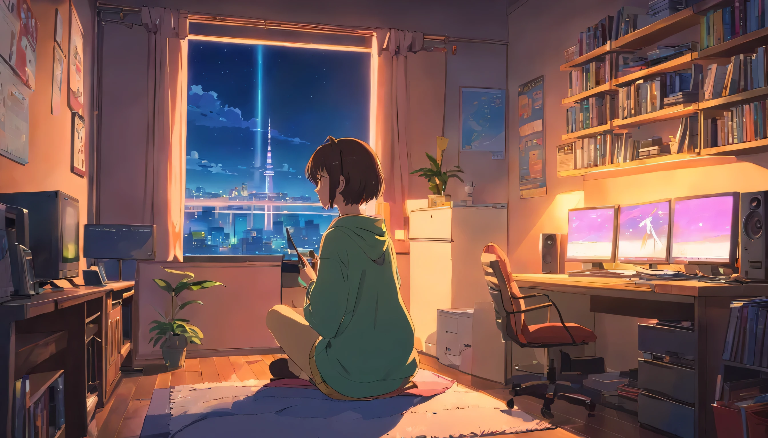 (from behind), Garota de anime sentada em frente a um computador em um quarto aconchegante, girl listening to music in a cozy room (noite), Usando fones de ouvido, no telhado, (beautiful noite views from windows), muitas coisas, Estilo Anime 2D, The aesthetics of anime in the 90s, lo-fi, Muito detalhado, hard disk, Uma mistura de estilo anime e Fujifilm, surreal, 8k, obra de arte
