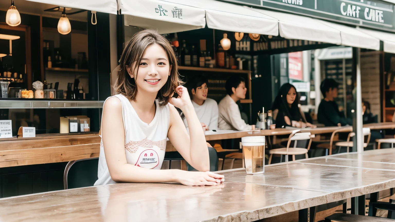 super high quality, Short Hair, Slender, Gravure photoshoot, The staff is working at the counter in the back., (8k、RAW Photos、highest quality、masterpiece:1.2), Japanese Idol, Sportswear, Stylish café, The cafe is crowded with people enjoying themselves., (Realistic、Photorealistic:1.37), Mesh Hair, Urban Cafe, Golden Ratio, Raw photo, Cute face , Light Brown Hair, Small breasts, Bright cafe interior, Blurred Background, Beauty salon model, Spring Clothes, Beautiful hairstyle, Spoiled, Cafe Terrace, Open Cafe, Smile, Hair blowing in the wind, Neat clothes, 18-year-old, younger sister,