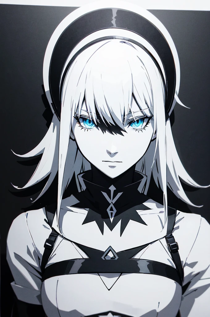 masterpiece, best quality, 1girl, rengar, closeup, b&w, cat ears, blue eye, eyepatch, (glowing eye:0.5), (sketch:0.4), solid grey background <lora:Rengar:1>