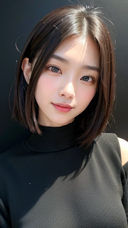 (((Close-up of face)))、(((Absolutely shoulder-length brown straight short bob)))、(((She is posing like a hair salon model, with a black wall indoors as the background.)))、(((Casual black winter long sleeves with shoulders covered)))、Half Japanese, half Korean、18 year old girl、Standing Alone、Looking forward、Light eye makeup、Brown Hair Color、Flat and 、Hair blowing in the wind、Actress Quality、Glossy, ultra-realistic face、Smiling face、Watery eyes、Gazing Up、Subtle lighting effects、 Ultra-Realistic Capture、Very detailed、High resolution 16K close up of human skin。Skin texture must be natural、The details must be such that pores can be clearly seen、The skin is healthy、Uniform tone、Use natural light and colors、A worn-out, high-quality photo taken by a model agency's in-house photographer.、smile、(((SIGMA 300 mm F/1.4,1/1000 sec shutter,ISO 400)))