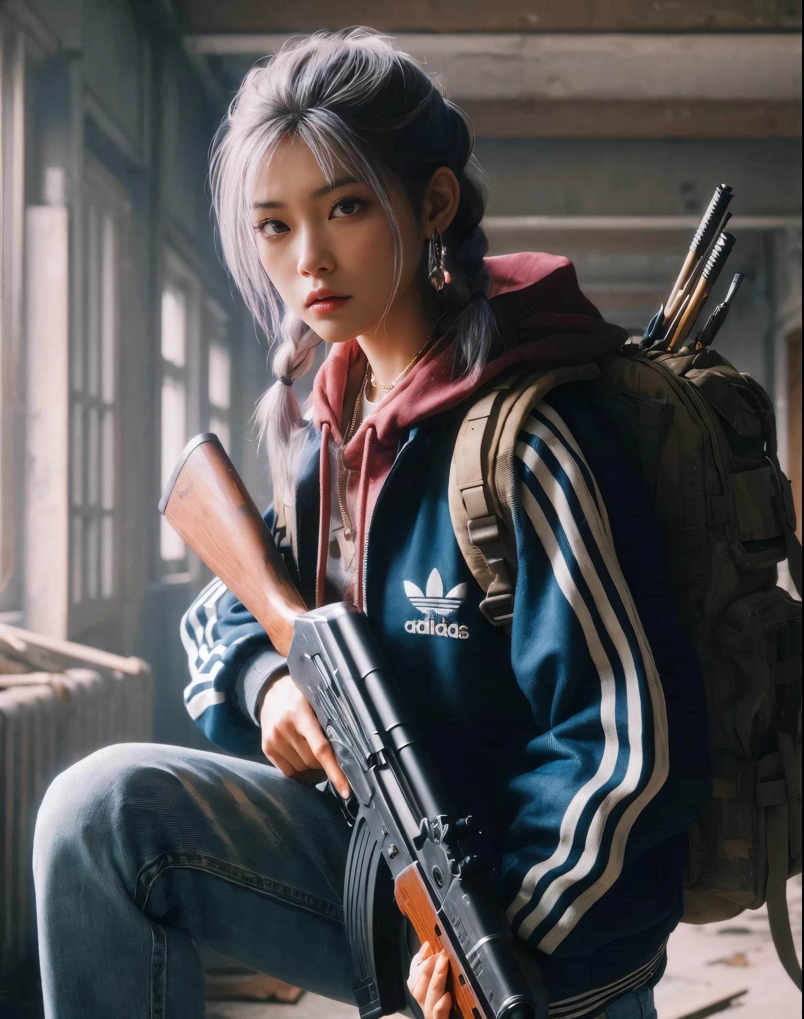 8K, realistic photo, realistic skin texture, Beautiful Japanese female vigilante living in America, A little bit into the future, 2050 AD, one braid, adidas track jacket, tactical backpack, torn denim pants, carrying a rifle on shoulder, graffitied old apartment, sneakers, cyberpunk, Dynamic pose, Tattoo, Innovative composition, standing with legs apart