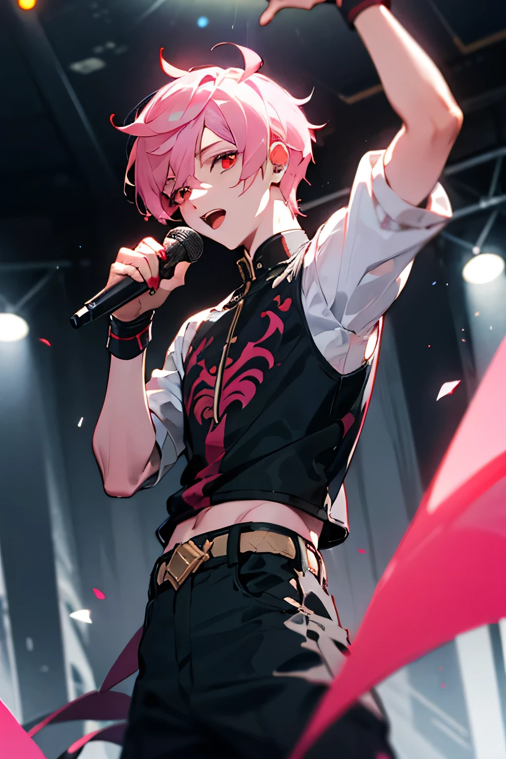 Male, pink hair, red eyes, Singer, idol