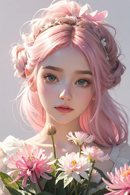 very beautiful elegant pastel pink and white fairy in spring, dark hair, pink, green and soft pink mixed colors, spider lily, dahlias, a mixture of realism and Elias Chatsoudis style, vintage style, bioluminescence, glow, on white background, art by James Gurney