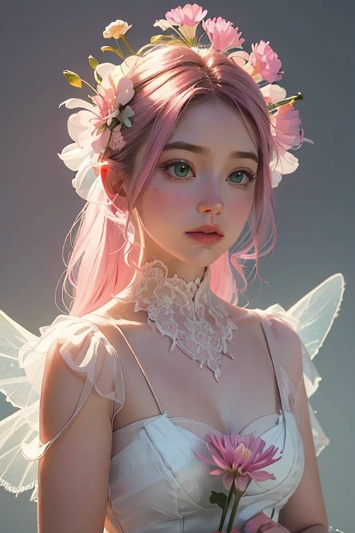 very beautiful elegant pastel pink and white fairy in spring, dark hair, pink, green and soft pink mixed colors, spider lily, dahlias, a mixture of realism and Elias Chatsoudis style, vintage style, bioluminescence, glow, on white background, art by James Gurney