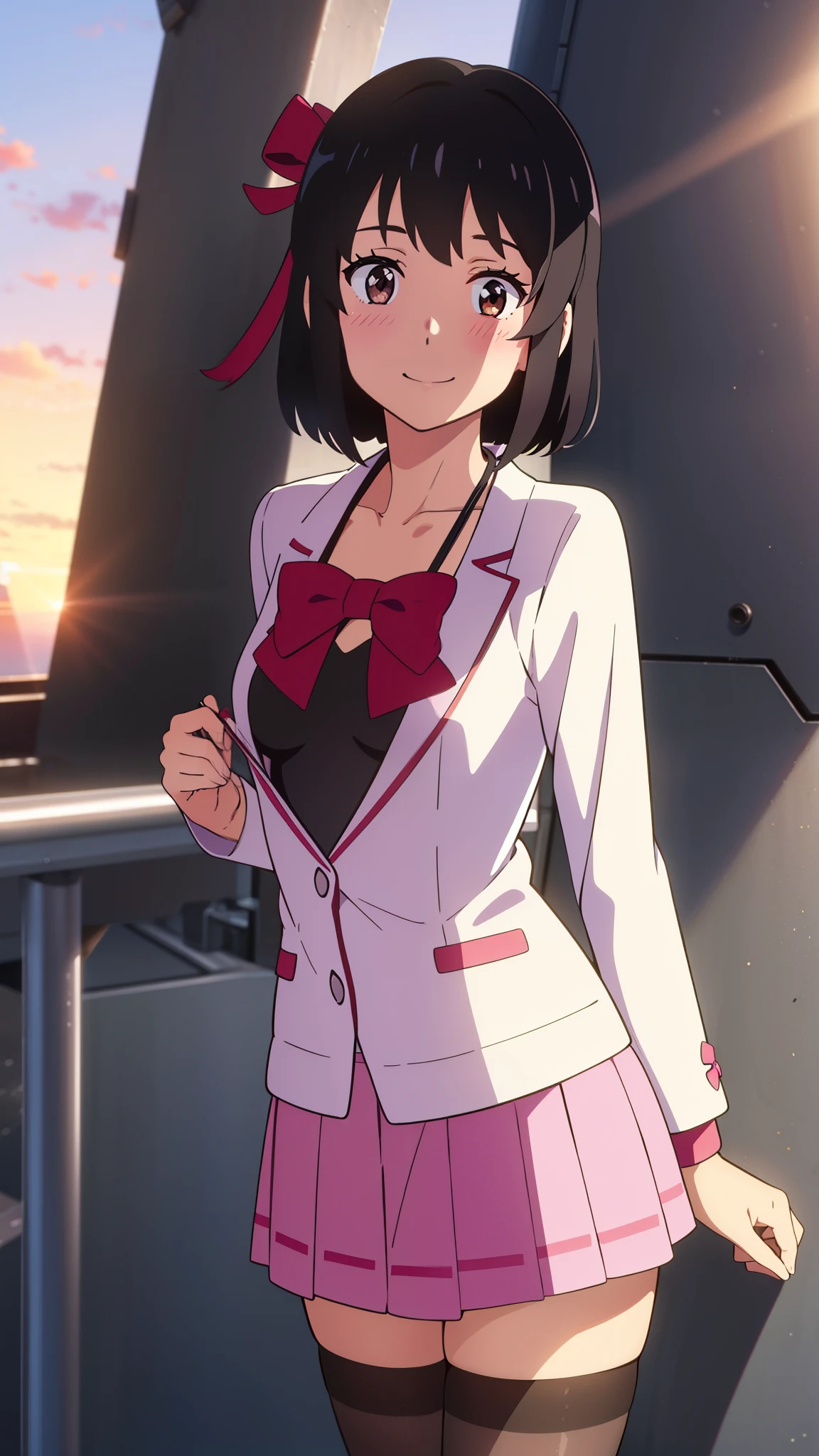 shinkai makoto, kimi no na wa., 1girl, bangs, black hair, blush, brown eyes, idol, idol clothes, collarbone, red headband, red ribbon, bow hair ornaments, open jackets, black bikini, pink skirt, short skirt, black thighhighs, short hair, smile, cute, solo, outdoors, sunset background, sunlight, evening. upper body