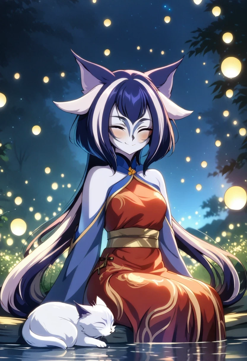(shylily/(Twich/):1.5),(masterpiece:1.2),(best quality:1.2),Pretty Face、white cat ears、Long hair、Red cheongsam、Anime style sitting and smiling 、night、Many fireflies light、Beautiful anime、River bank