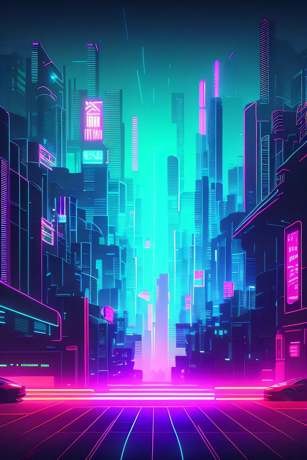 futuristic city with neon lights and a car in the foreground, cyberpunk art inspired by Syd Mead, cg society contest winner, retrofuturism, cyberpunk garage on jupiter, neon city in the background, cyberpunk with neon lighting, in cyberpunk city, in a futuristic cyberpunk city, detailed neon cyberpunk city, cyberpunk city, cyberpunk cityscape, hyper realistic cyberpunk city, neon rainy cyberpunk setting