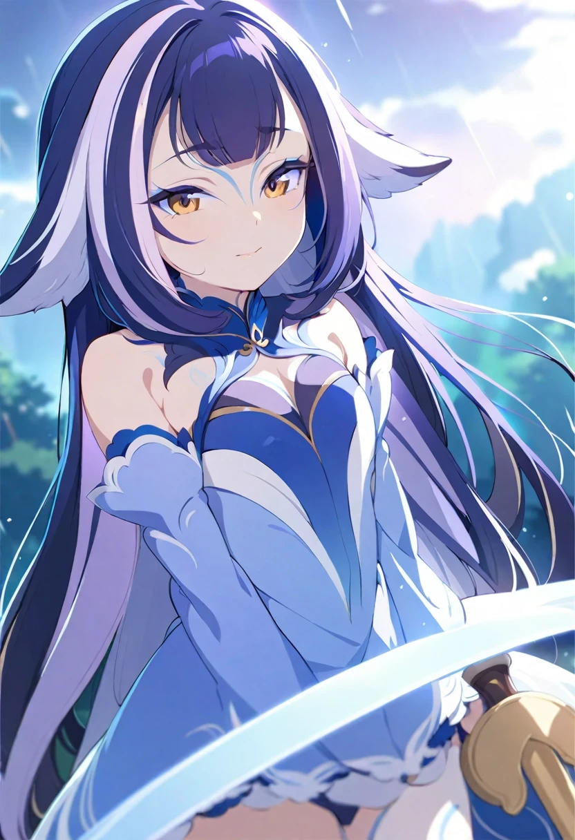 (shylily/(Twich/):1.5),(masterpiece:1.2),(best quality:1.2),Anime girl holding a sword in the rain, Anime Wallpaper, Anime cute art style, Light novel cover,
