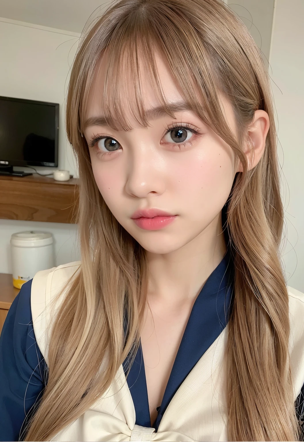 Bust Shot, Sailor suit, uniform, Very beautiful 16 year old girl, Shining, dazzling, shiny, white, beautiful skin, Beautiful Bangs, Beautiful platinum blonde with very long, straight, silky hair, Super long straight hair, eyeliner, Beautiful, sparkling, clear, big blue eyes