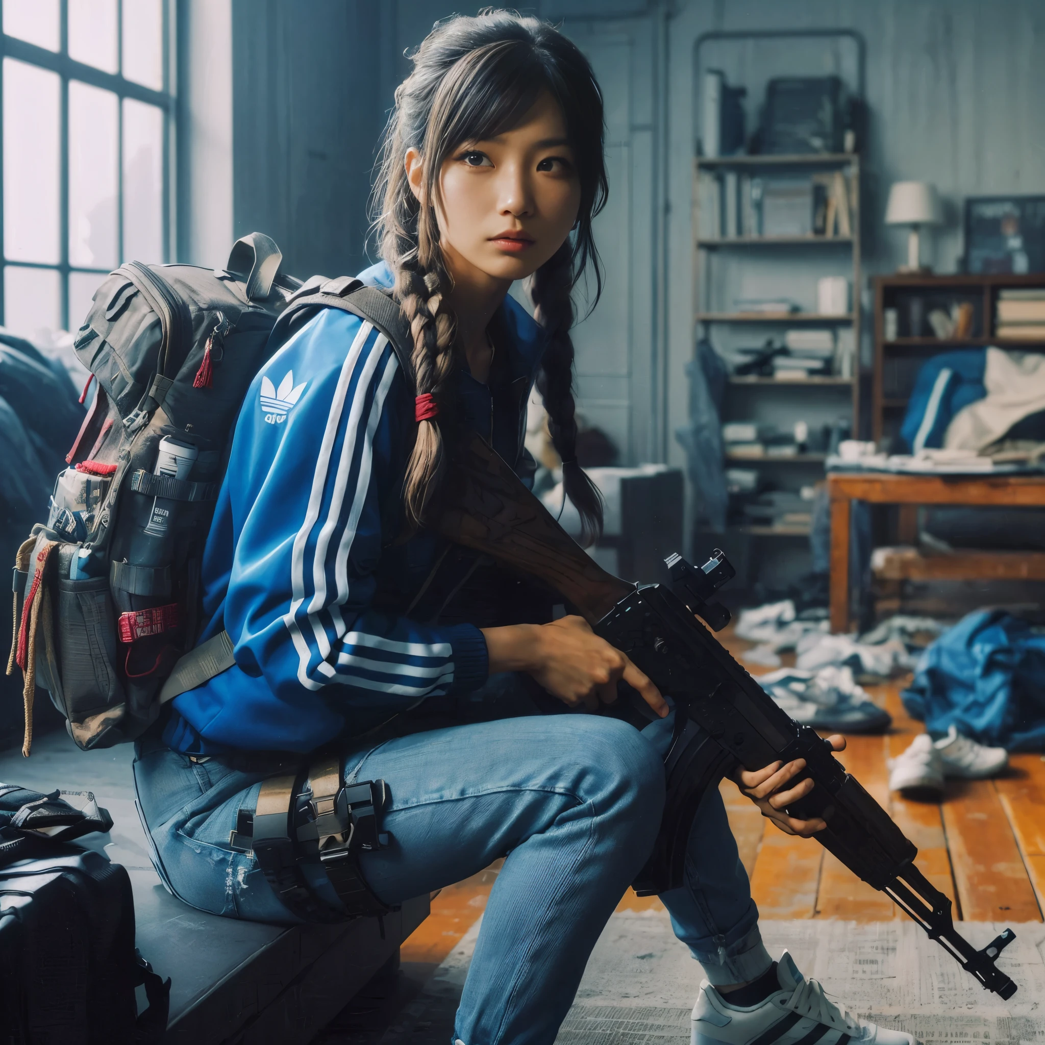 8K, realistic photo, realistic skin texture, Beautiful Japanese female vigilante living in America, A little bit into the future, 2050 AD, one braid, adidas track jacket, tactical backpack, torn denim pants, carrying a rifle on shoulder, graffitied old apartment, sneakers, cyberpunk, Dynamic pose, Tattoo, Innovative composition, standing with legs apart