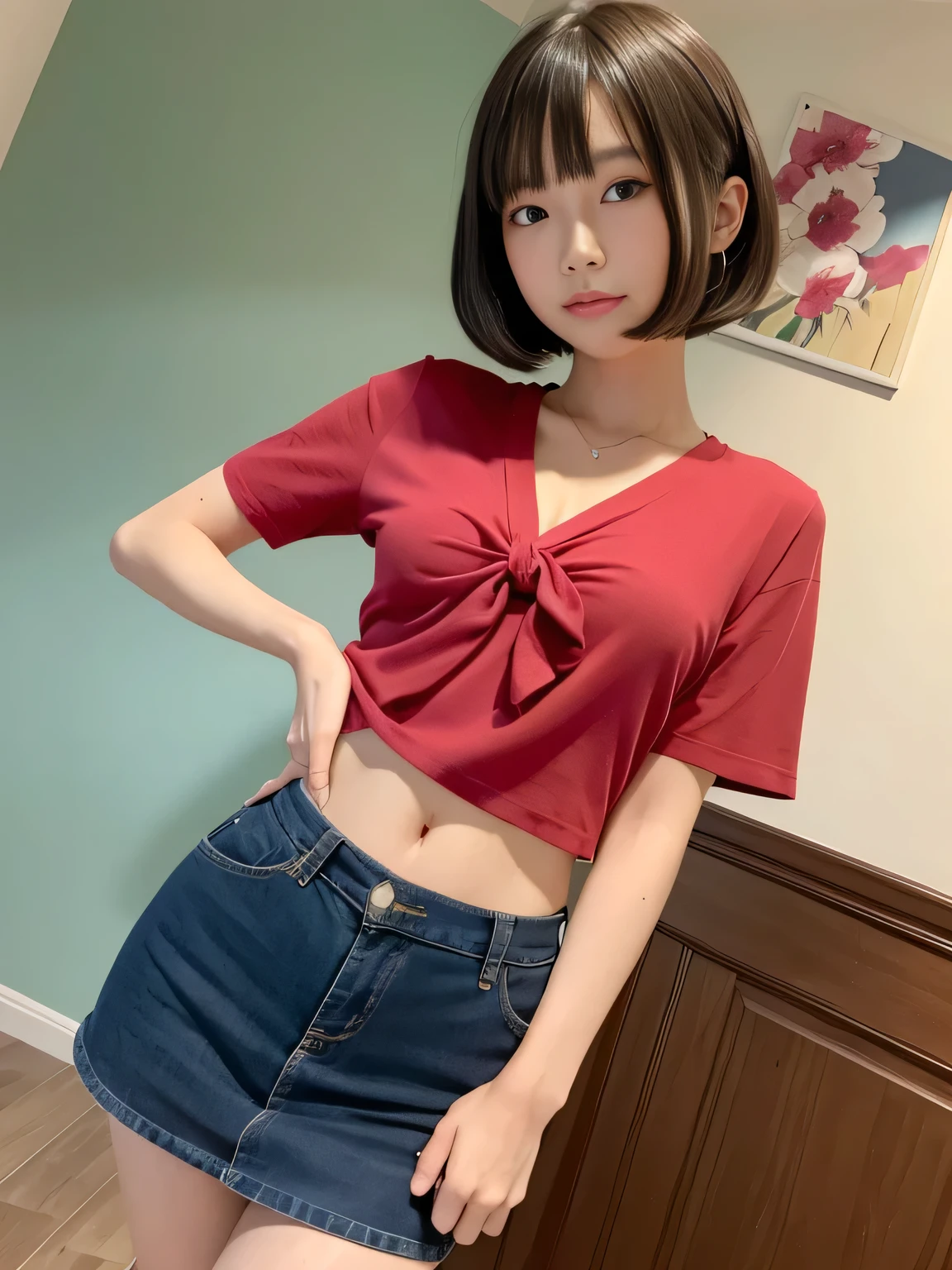 (highest quality、8k、32k、masterpiece、Hmph:1.2)、sexy、18-year-old、Cute Japanese Women Photos、Bobcut、thin、slender、(Bobcut)、(Small Tits)、double eyelid、 Red open front shirt、Navy blue tie、Red mini skirt、Thighs、Blue Wall、whole body、smile、sexy、Thighs are visible