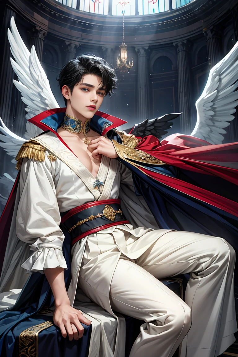 masterpiece, 最high quality, high quality, 1 boy, alone, Male focus, Watching the audience, Messy black hair, Adorable big blue eyes, White, Noble, Noble, Beautiful angel、A very large, voluminous, long, long, red and black cape with a high stand-up collar that reaches down to the floor and is made of a lot of fabric., 17 years old,Cute beautiful boys,Cute, cute, kind, handsome guy