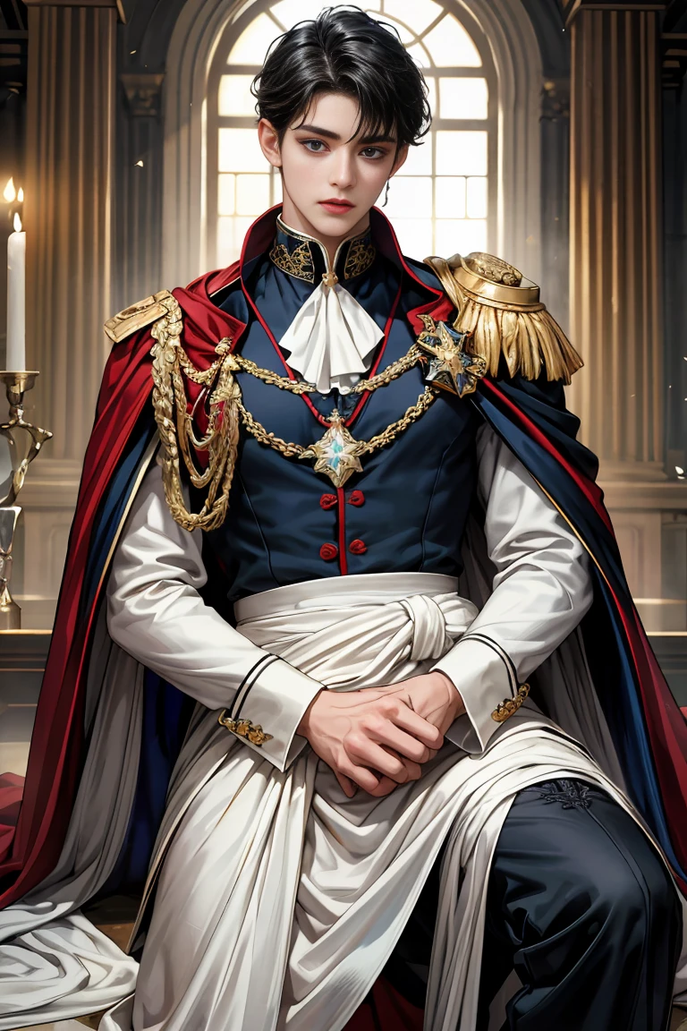 masterpiece, 最high quality, high quality, 1 boy, alone, Male focus, Watching the audience, Messy black hair, Adorable big blue eyes, White, Noble, Noble, Beautiful angel、A very large, voluminous, long, long, red and black cape with a high stand-up collar that reaches down to the floor and is made of a lot of fabric., ,Cute beautiful boys,Cute, cute, kind, handsome guy