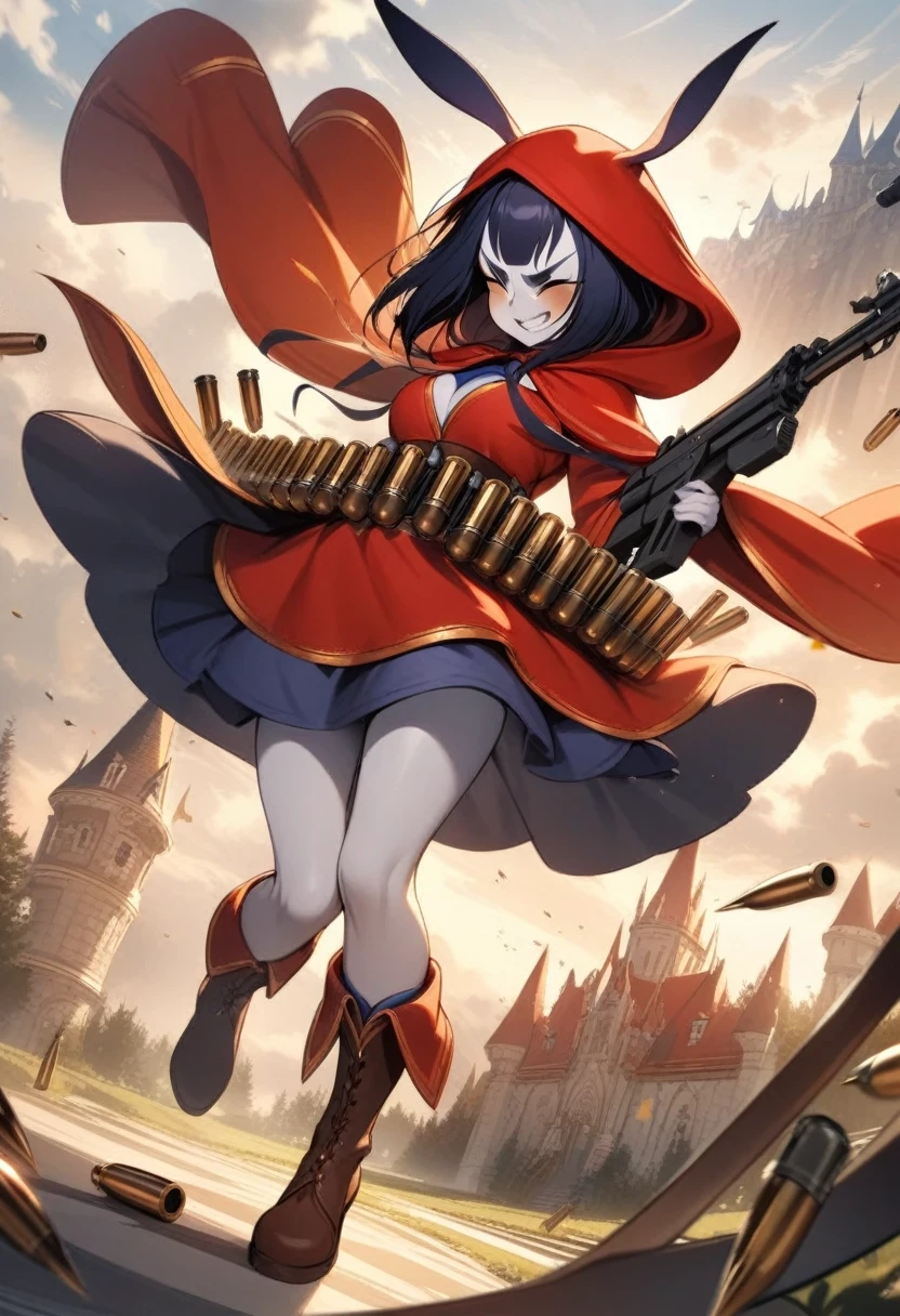 (shylily/(Twich/):1.5),(masterpiece:1.2),(best quality:1.2),(masterpiece), best quality, Fantasy Art, 1 Girl,Solitary, a girl firing her long machine gun in wonderland, long hair, angry, Grin, Smile, (Red_hood:1.4), Bunny ears, long coat, skirt, boots, (((Ammunition belt))), gun, Bullet casings, machine gun, arms, (wonderland:1.2), castle