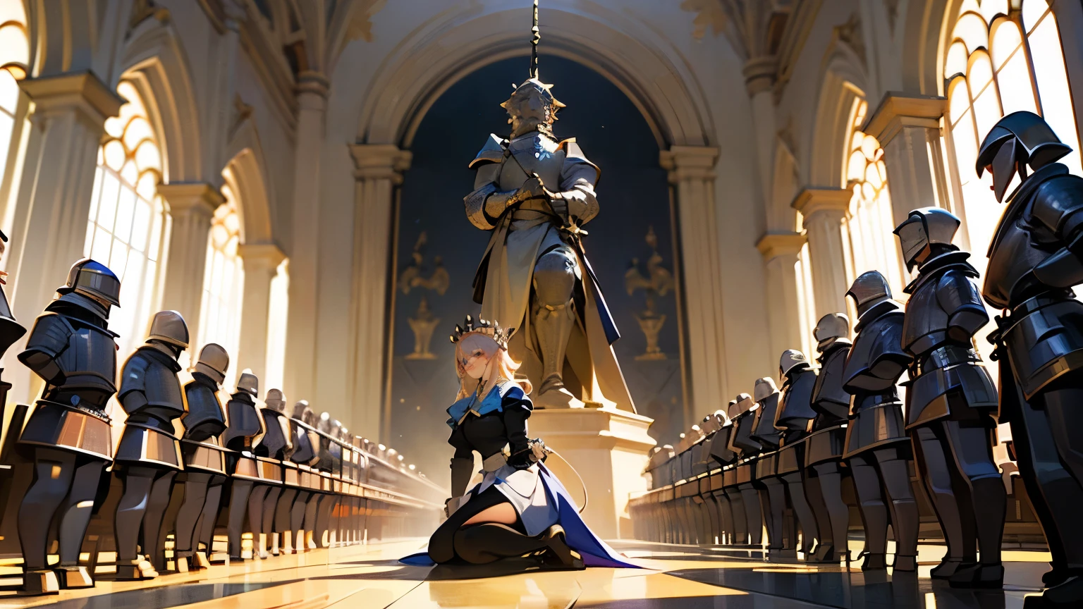 (masterpiece:1.2), best quality, 4k, 8k, ultra-detail, extreme very high quality, (The statue of the queen stands in the middle of the picture:1.1), (Servants and knights were kneeling, in rows on either side of the queen:1.3), People stood on both sides of the road, professional artwork, intricate details, vivid colors, digital blending, ultra detailed body, ultra detailed hair, ultra detailed face, trending on pixiv, for desktop wallpaper, flawless drawn, wide shot