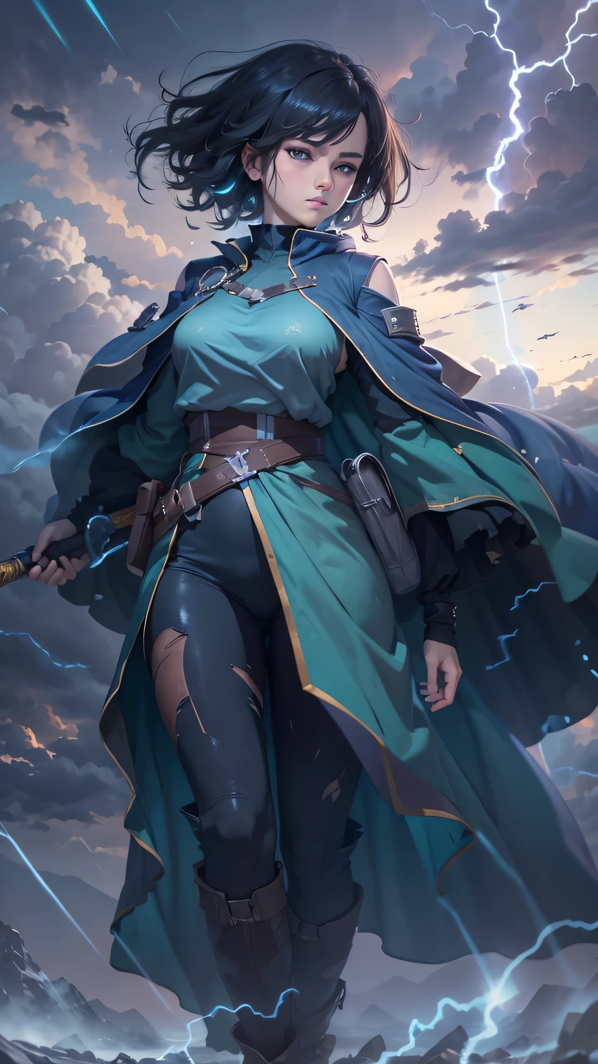 1girl, highly detailed, masterpiece, best quality, correct hands, small breasts, short black hair, short hair, blue eyes, black robe, black pants, purple shirt, blue vest, defined curves, smug look, satisfied look, mountain background, storm, lightning, stormy atmosphere, flying, floating above the ground, surrounded by lightning, static sparks, holding a sword