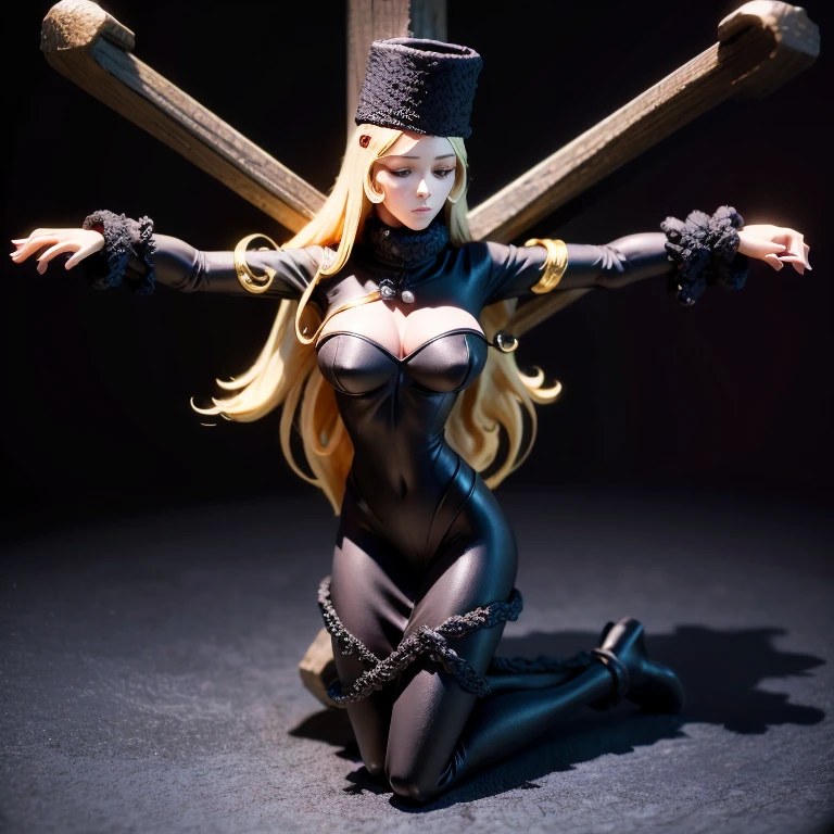 Maetel、One 19-year-old woman、Long golden hair、Hands at Side in Christ Pose、Crucifixion Black Coat、Kneel，Golden Handcuffs，Gold chain，Golden Collar，Big Breasts、Large Breasts、Hands are tied in handcuffs，Tears flow，