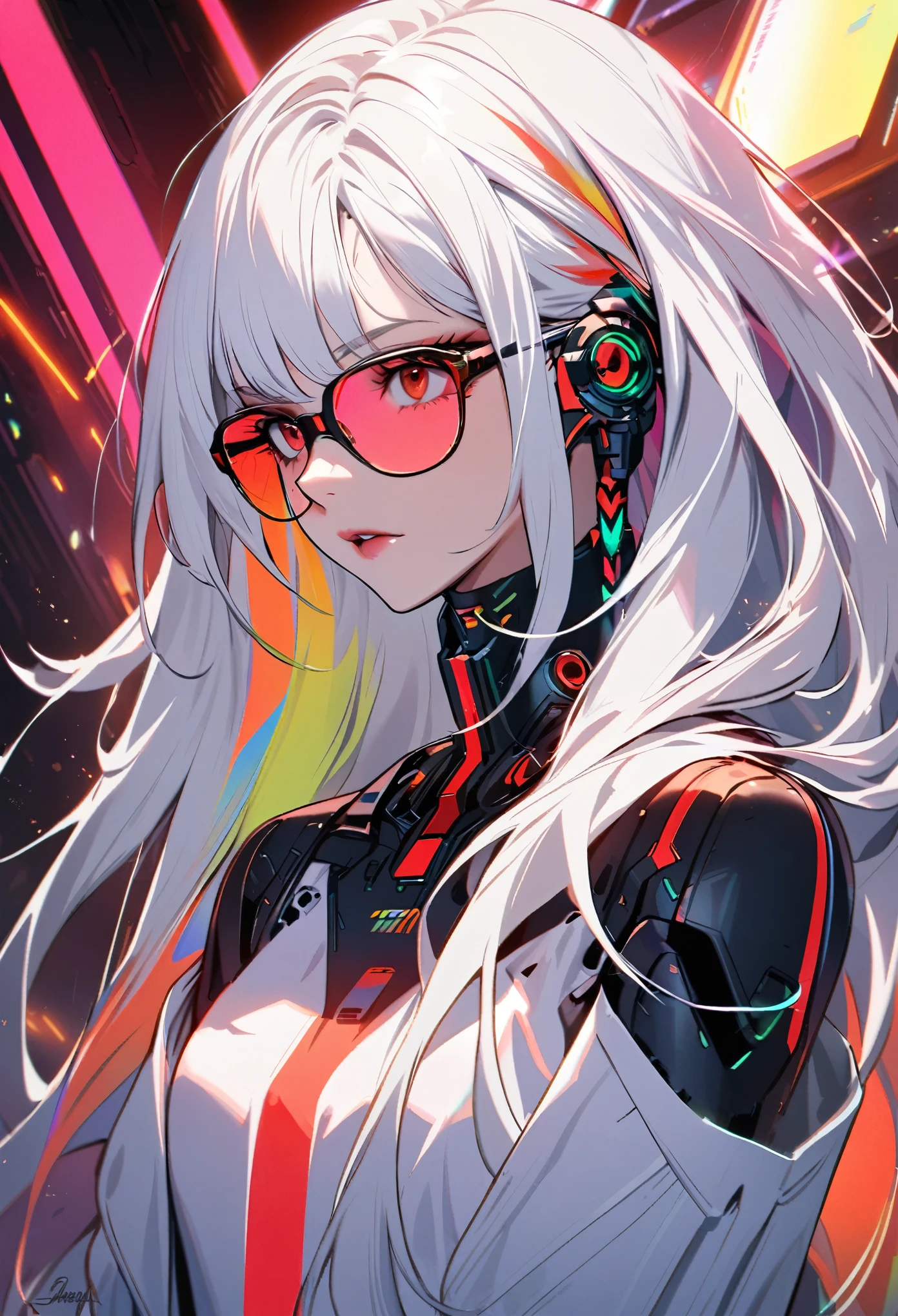 Handsome, Solitary, 1 female, Long hair, Glasses，white hair, Rainbow hair,The glowing red reactor core， Red eyes, White clothes, Futurism, Cyberpunk, Cybernetic