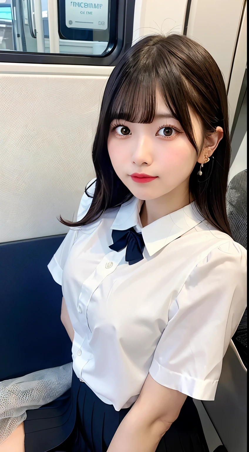 8K RAW Photos、High resolution、breast enhancement、Abdominal muscles、Ribbed、Black-haired、Beautiful at 22 years old Japan、Round face、very small lips、Round big、valley、Beautifully drawn eyes in every detail、Long eyelashes、Beautiful double eyelids、Three white eyes、Duck mouth、Blunt bangs、Bowl Cut、Earrings、necklace、Random facial expressions、White dress shirt, Upper Body,, (Navy Pleated Skirt:1.1), Thighs Thighs Thighs Thighs, Short sleeve, in the train, sit on bench seat, (Dark red tie:1.1)、Shortcuts