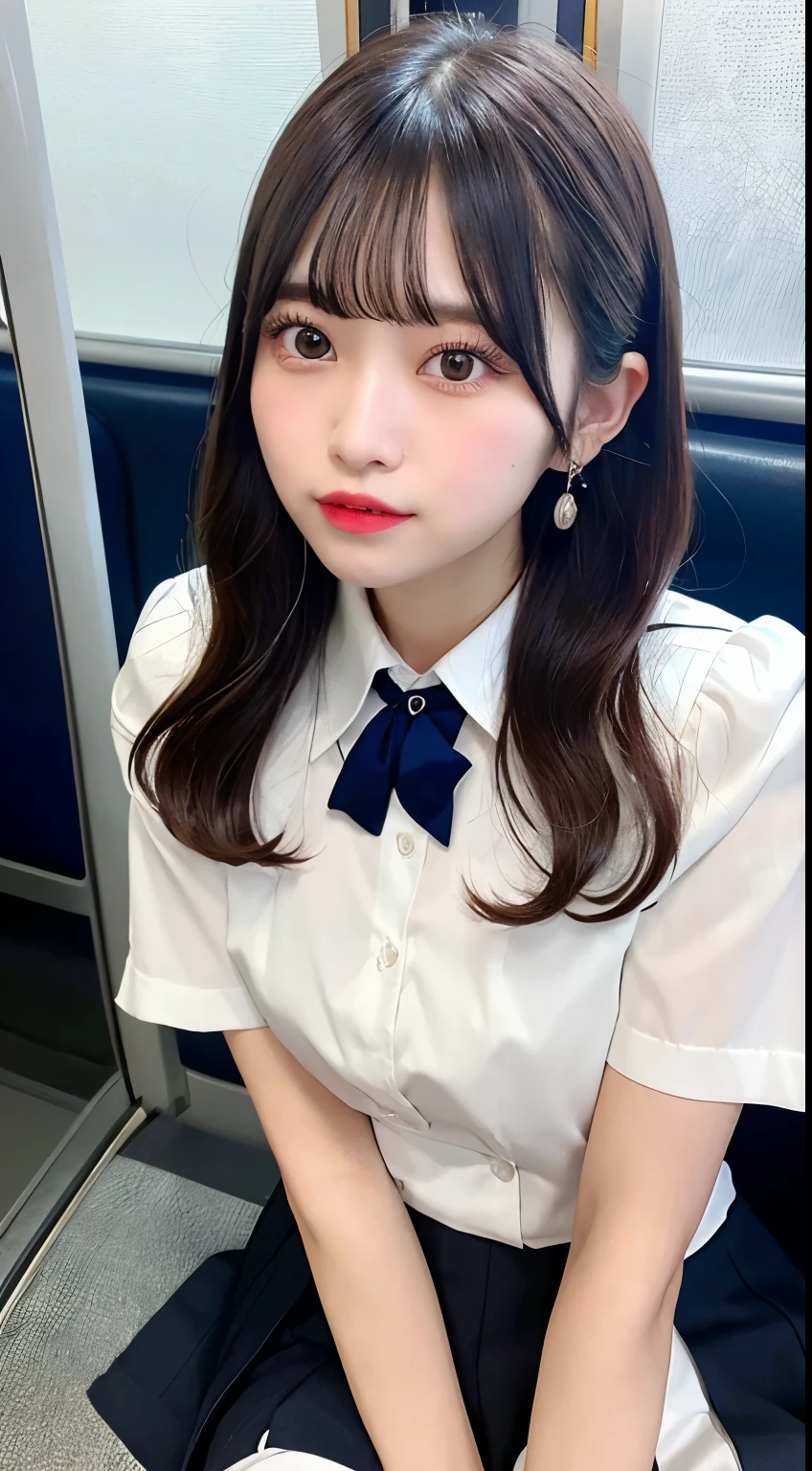 8K RAW Photos、High resolution、breast enhancement、Abdominal muscles、Ribbed、Black-haired、Beautiful at 22 years old Japan、Round face、very small lips、Round big、valley、Beautifully drawn eyes in every detail、Long eyelashes、Beautiful double eyelids、Three white eyes、Duck mouth、Blunt bangs、Bowl Cut、Earrings、necklace、Random facial expressions、White dress shirt, Upper Body,, (Navy Pleated Skirt:1.1), Thighs Thighs Thighs Thighs, Short sleeve, in the train, sit on bench seat, (Dark red tie:1.1)、Shortcuts