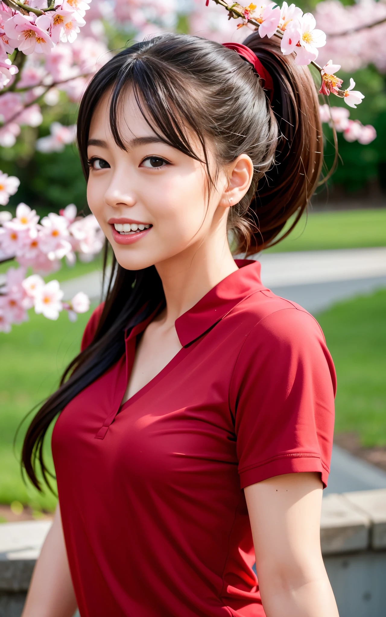 highest quality, figure, Ultra-detailed, finely, High resolution, 8K Wallpaper, 完璧なダイナミックな構figure, ((Sexy pose)), Beautiful Skin, (Big Eyes), 20 year old beauty, Natural color lip, Mid chest, smile, Highly detailed face and skin texture, Detailed eyes, Double eyelid,leaking teeth and laughing, close-up, profile, Brown hair ponytail, (Red shirt:1.2), cherry blossoms