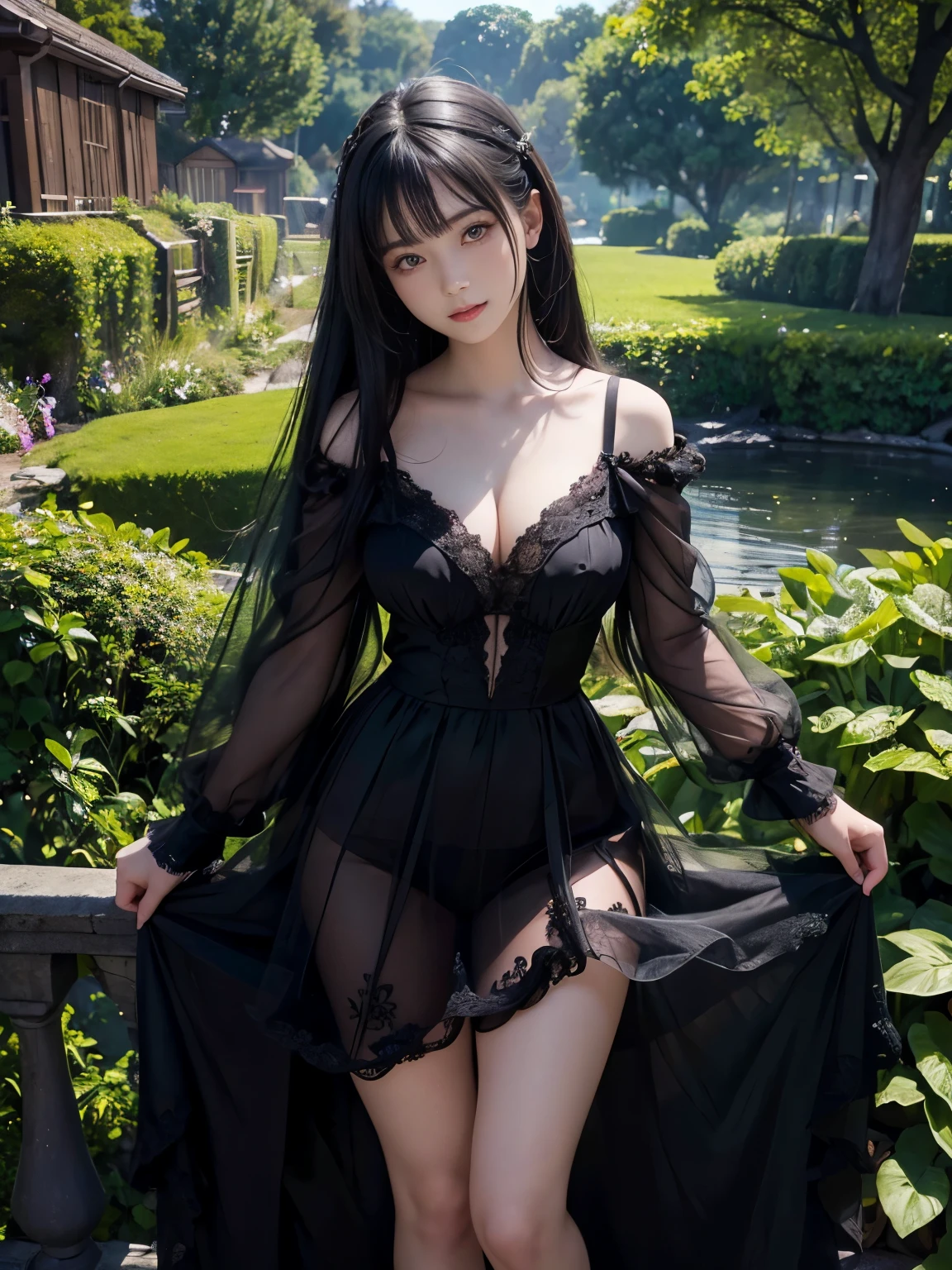 (ultra realistic) , (illustration), (increase resolution), (8K), (extremely detailed), (best illustration), (beautiful detailed eyes), (best quality), (ultra-detailed), (masterpiece), (wallpaper), (detailed face), solo,1 girl, looking at viewers, black straight hair, delicate details, in the dark, deep shadow, low key, pureerosfaceace_v1, happy smile, summer dress, full body, garden