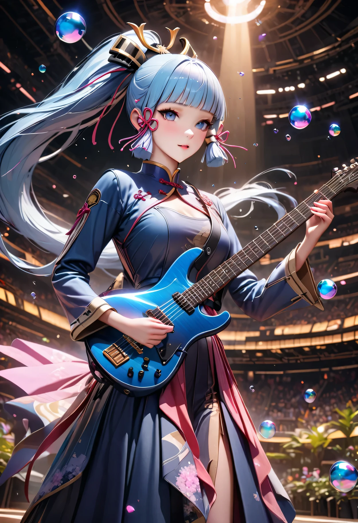 (masterpiece), (best quality), (Super detailed),(lifelike：1.37), (An idol playing electric guitar on stage), 3D,(Face painting:0.8),Solitary,Chinese clothes,Sci-fi style,Forest Green, permanent, Looking at the audience, (Stage Background),Beautiful blue eyes, Beautiful face, floating,(High Saturation),(Colorful splash),Colorful bubbles,(shining), focus on face, Ponytail, Kamisato Ayaka, light blue hair, Bangs, Hair ring, floating flowers, Floating hair, (shining), Optimal lighting, The best shadow,