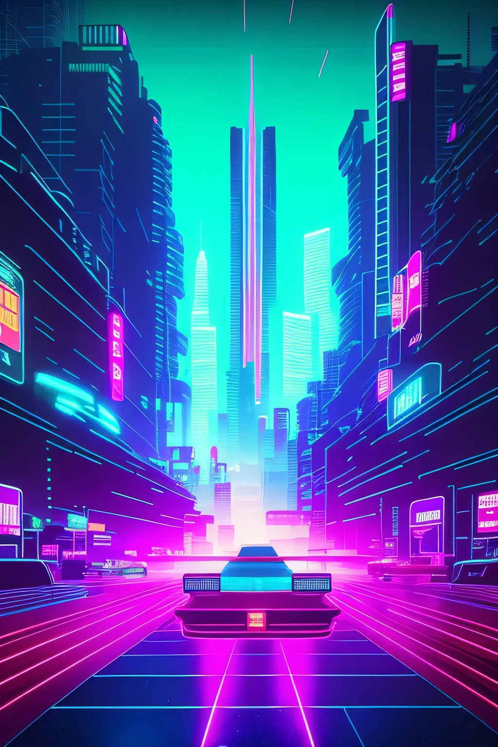 futuristic city with neon lights and a car in the foreground, cyberpunk art inspired by Syd Mead, cg society contest winner, retrofuturism, cyberpunk garage on jupiter, neon city in the background, cyberpunk with neon lighting, in cyberpunk city, in a futuristic cyberpunk city, detailed neon cyberpunk city, cyberpunk city, cyberpunk cityscape, hyper realistic cyberpunk city, neon rainy cyberpunk setting