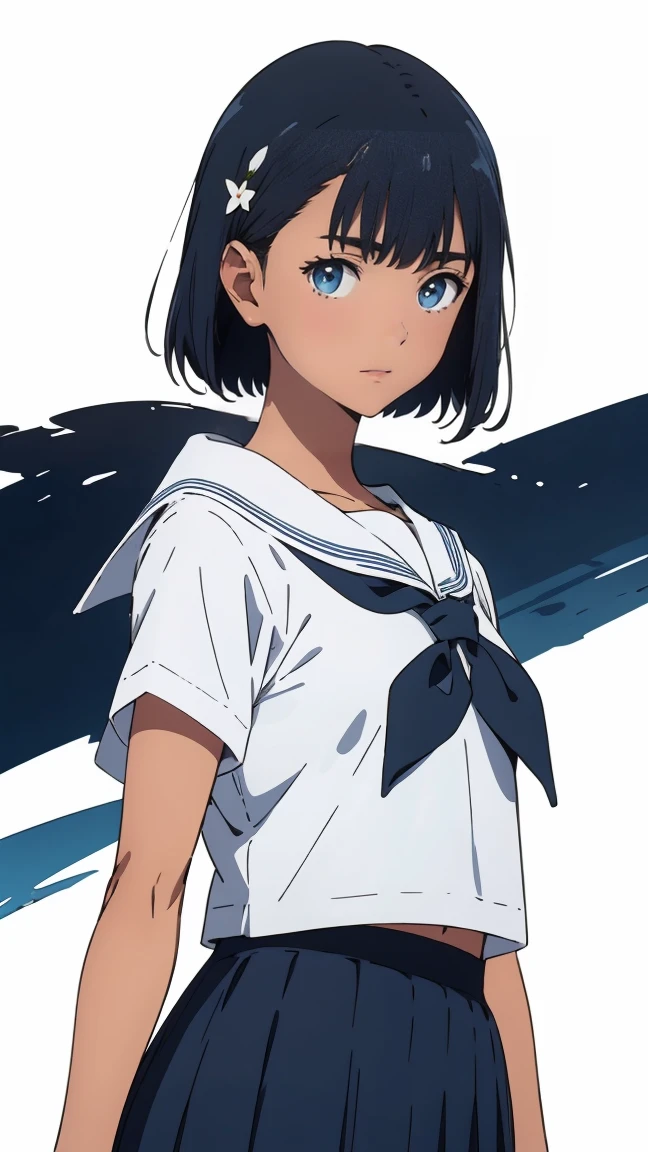 {{kofune mio}}, {summertime render}, blue eyes, black short hair, ************, medium breasts, tan, , white serafuku, short sleeves, black neckerchief, white sailor collar black pleated skirt,simple background, white background, ,1girl, solo, ,cowboy shot,,from front, facing the front, looking at viewer, straight-on, close to viewer, year 2023,,very aesthetic, best quality, amazing quality, ,curated, illustration, highly detailed, anime coloring,