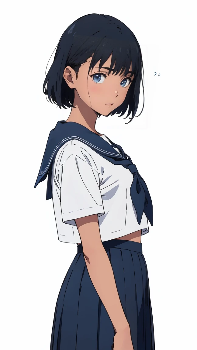 {{kofune mio}}, {summertime render}, blue eyes, black short hair, , medium breasts, tan, , white serafuku, short sleeves, black neckerchief, white sailor collar black pleated skirt,simple background, white background, ,1girl, solo, ,cowboy shot,,from front, facing the front, looking at viewer, straight-on, close to viewer, year 2023,,very aesthetic, best quality, amazing quality, ,curated, illustration, highly detailed, anime coloring,