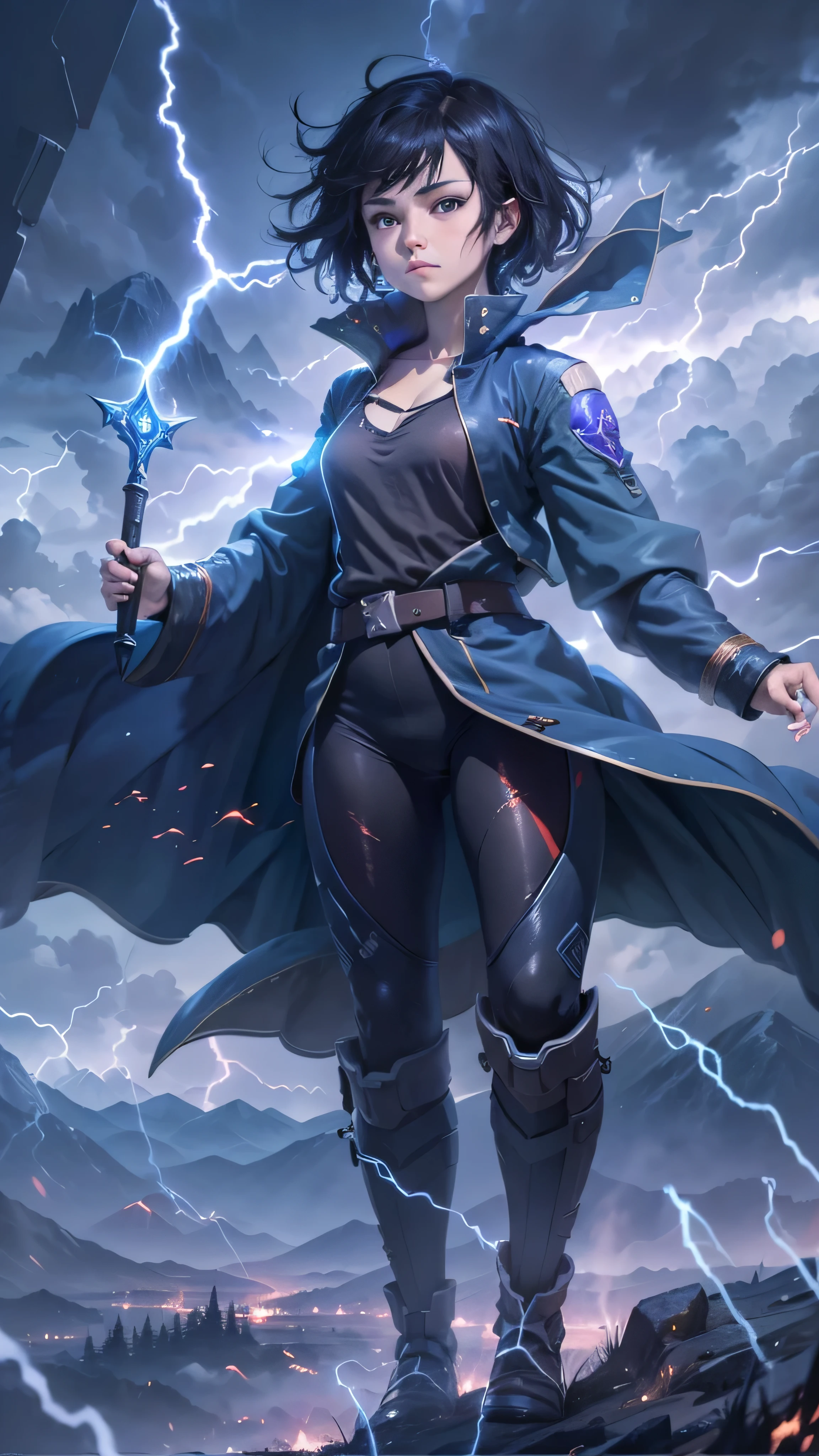 1girl, highly detailed, masterpiece, best quality, correct hands, small breasts, short black hair, short hair, blue eyes, black robe, black pants, purple shirt, blue vest, defined curves, smug look, satisfied look, mountain background, storm, lightning, stormy atmosphere, flying, floating above the ground, surrounded by lightning, static sparks, sword