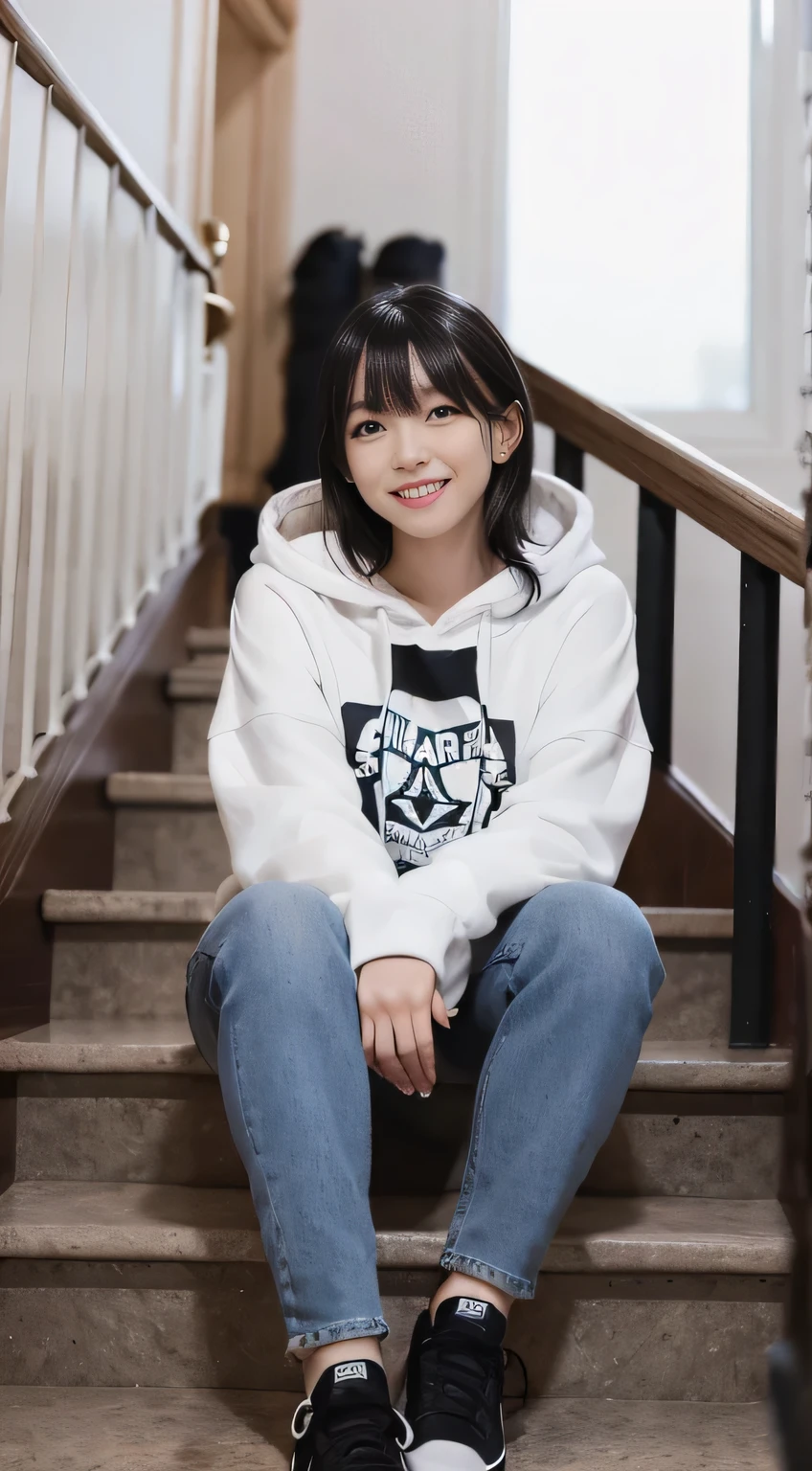 highest quality, Realistic, Very detailed, Finer details, High resolution, 8k wallpaper, One beautiful woman,Sit on the stairs、(Wear black socks)smile、(Beautiful teeth alignment、)(Gums are visible) Oversized hoodie, Skinny jeans,( Black sneakers)、Black Hair、 Beautiful Bangs、ear piercing、Perfect dynamic composition, Beautiful and detailed, Full Body Shot, A big smile waiting to start