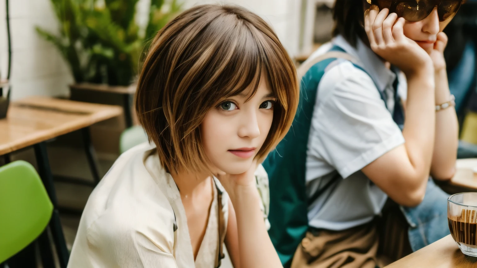 super high quality, Fashion Model, short hair, thin, (8k、RAW Photos、highest quality、masterpiece:1.2), Japanese Idols, Serious expression, Shaggy, Brown Hair, Stylish cafe, Fashion magazine shooting, People having fun at cafe々々Bustling., (Realistic、Realistic:1.37), Beautiful Face , Normal chest, Urban Cafe, A gentle gaze, Spring Clothes, Dress appropriately, 