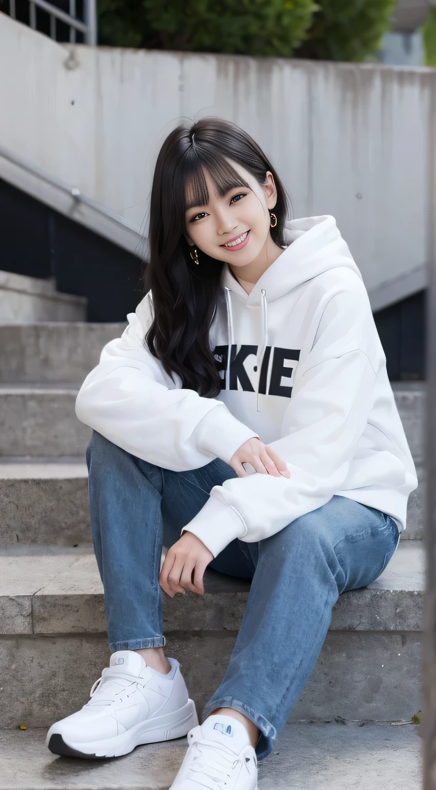 highest quality, Realistic, Very detailed, Finer details, High resolution, 8k wallpaper, One beautiful woman,Sit on the stairs、(Wear black socks)smile、(Beautiful teeth alignment、)(Gums are visible) Oversized hoodie, Skinny jeans,( Black sneakers)、Black Hair、 Beautiful Bangs、ear piercing、Perfect dynamic composition, Beautiful and detailed, Full Body Shot, A big smile waiting to start