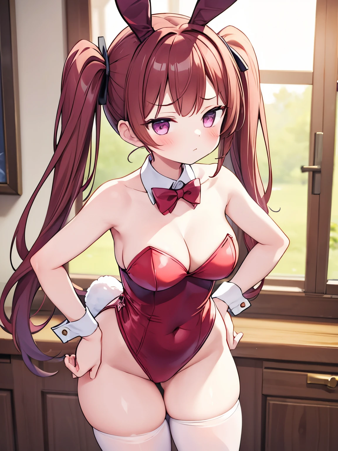 masterpiece, best quality, ultra detailed,1 girl , long hair, twin tails, playboy bunny, leaning forward, put hands hip