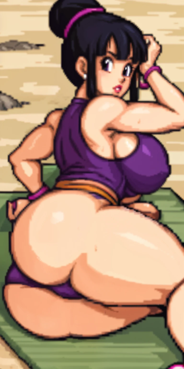 chichi_dbz, pixelart, pixel art, red bimbo lips, beautiful eyes, on the beach, laying on a towel ass up, perfect round ass, on the beach, purple eyes, facing viewer, solo, (wearing white tanktop), (wearing grey sweatpants), (modest clothing), large breasts, massive , cleavage, black thong, nipples, 2nipples, wet body, sweaty body, masterpiece, best quality, detailed face, detailed eyes, highres, big breasts, biggest behind, areola, big ass, thick thighs, wide hips, (black tight_thong), showing ass, perfect body, perfect clothing, perfect anatomy, (lying down on towel ass up), fully clothed,