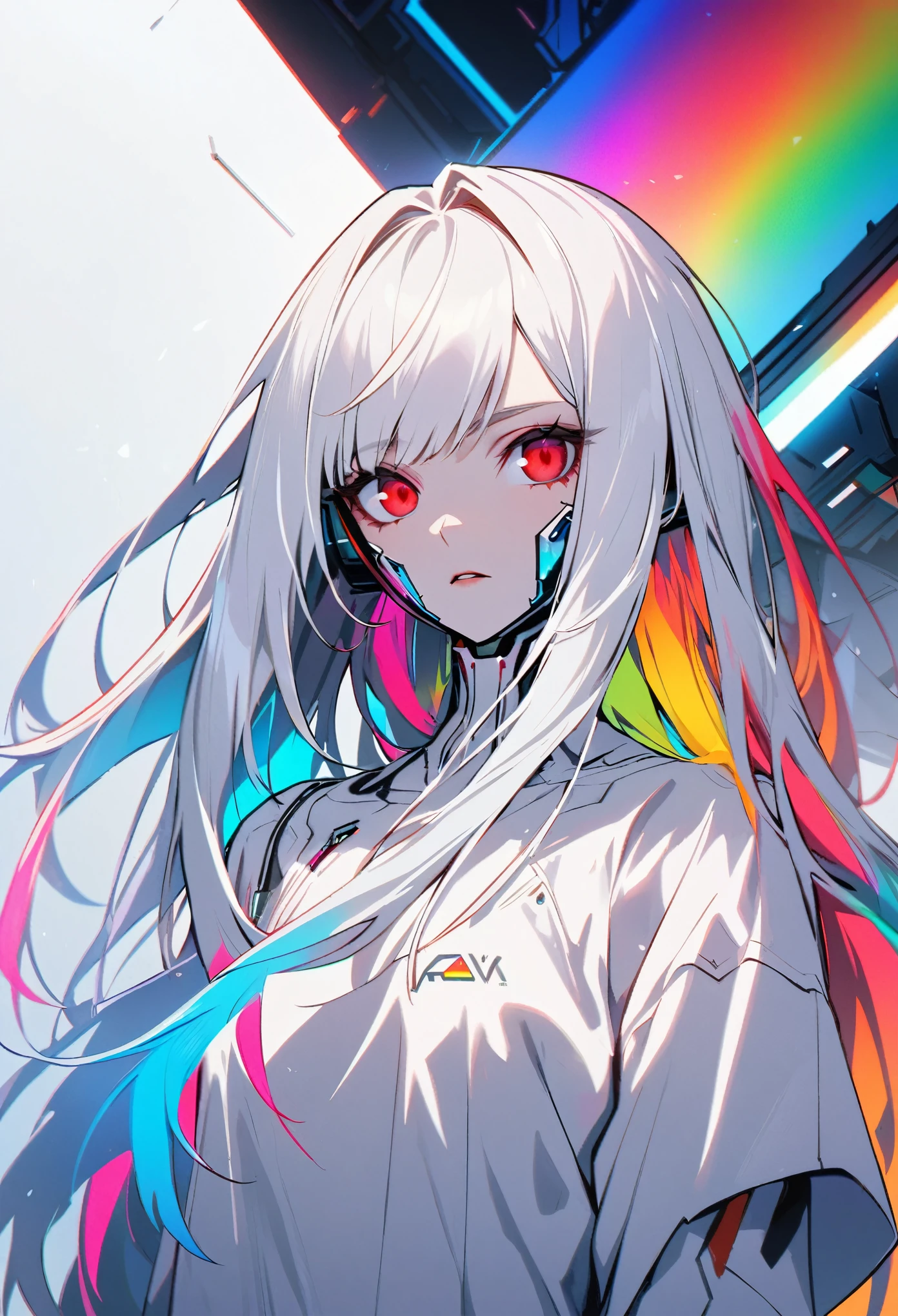 Handsome, Solitary, 1 female, Long hair, white hair, Rainbow hair, Red eyes, White clothes, Futurism, Cyberpunk, Cybernetic