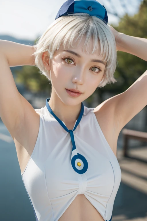 ((best quality)),((highly detailed)),masterpiece,absurdres,detailed face,beautiful face,(detailed eyes, deep eyes),1girl,((dynamic pose)), elizabeth persona 3, short white hair, yellow eyes, solo, bow, large breasts, cowboy shot, chinese town, outdoors, seductive smile, looking at viewer, wearing hat, put your hands behind your head, armpits, armpits visible, sweaty armpits,