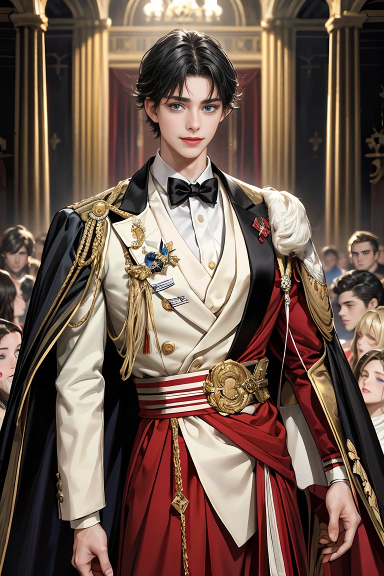 masterpiece, 最high quality, high quality, 1 boy, alone, Male focus, Watching the audience, Messy black hair, Adorable big blue eyes, White, Noble, Noble, Tuxedo、A very voluminous, large, very large, very large, long, long red and black cape with a high stand-up collar, reaching down to the floor, made of a lot of fabric., ,Cute beautiful boys,Cute, cute, gentle smiling handsome man