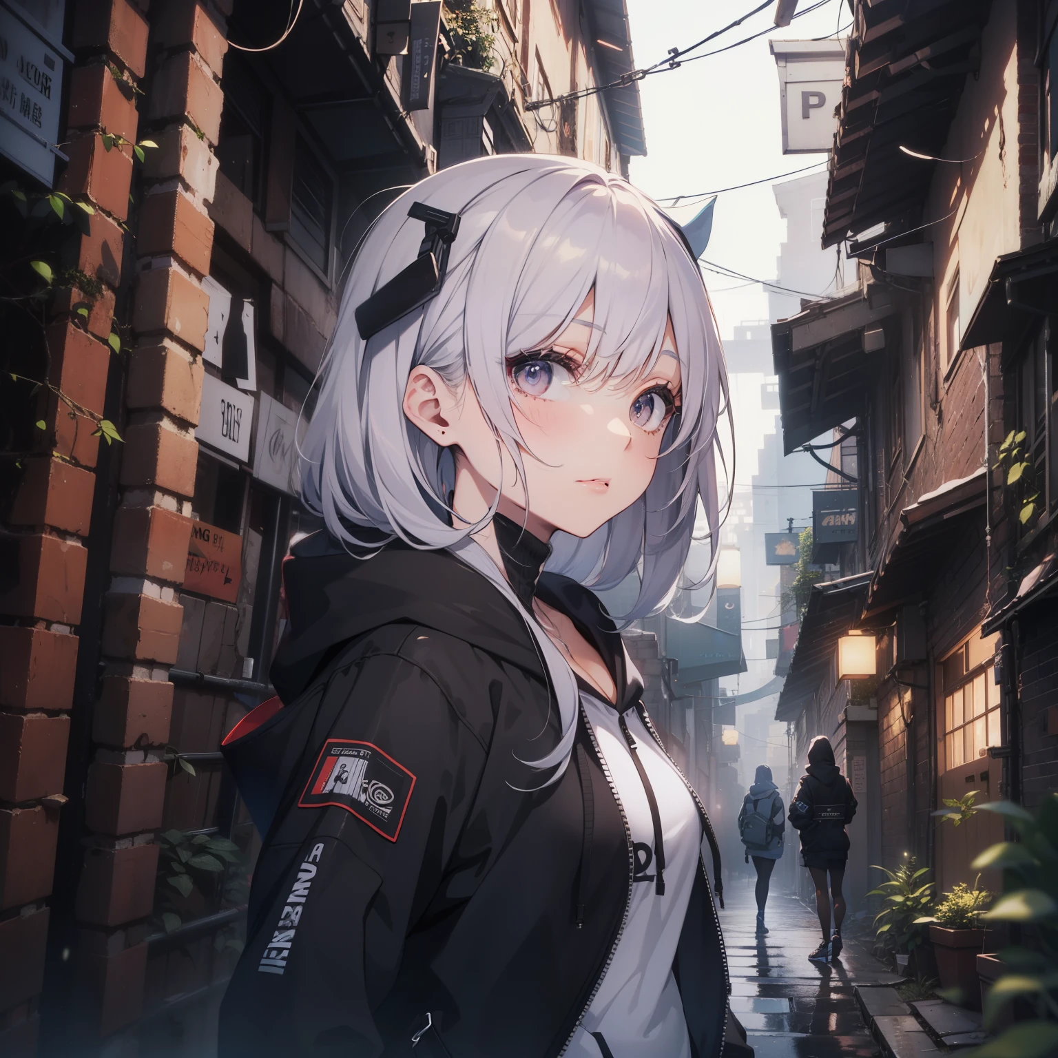 ((1Woman:1)),((beautiful eyelashes:1)), ((expressive:1)), ((front-angle-view:1)),((wearing-techwear-hoodie:1)),((Cyberworld:1)),((standing-in-a-alleyway:1))