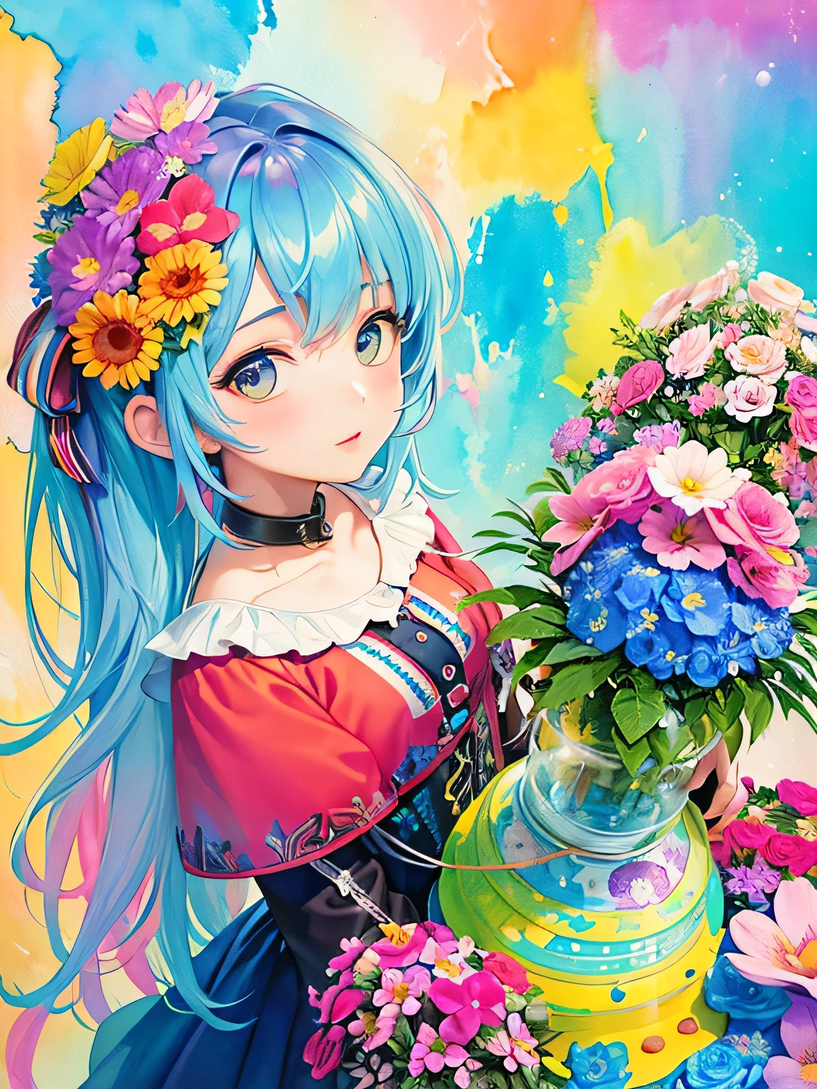 12stairs Style、(((Landmine fashion))), 8K Quality、Intense watercolor, Detailed watercolor art, Watercolor splash, Surreal, avant-garde pop art, Beautiful and expressive paintings, Beautiful artwork illustration, Very colorful tones, wonderful, Cool beauty, highest quality、Official Art, Vector art, Stylish design, (((The most beautiful girl))), (((highest quality))), HDR, ((detailed)), (((Doodle Art)), ((masterpiece)), ((Super detailed)), (((Colorful flowers))),(((Stylish))), (((love)))