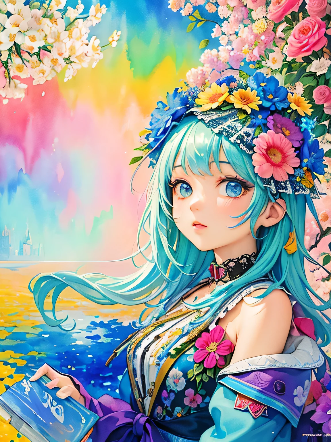 12stairs Style、(((Landmine fashion))), 8K Quality、Intense watercolor, Detailed watercolor art, Watercolor splash, Surreal, avant-garde pop art, Beautiful and expressive paintings, Beautiful artwork illustration, Very colorful tones, wonderful, Cool beauty, highest quality、Official Art, Vector art, Stylish design, (((The most beautiful girl))), (((highest quality))), HDR, ((detailed)), (((Doodle Art)), ((masterpiece)), ((Super detailed)), (((Colorful flowers))),(((Stylish))), (((love)))