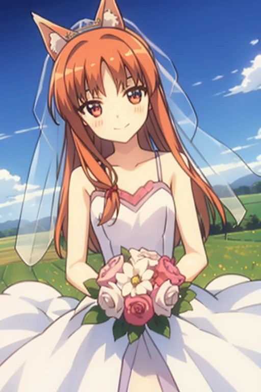 Horo/Holo,Wheat field,carriage,Wedding dress,bouquet,Heart symbol,smile