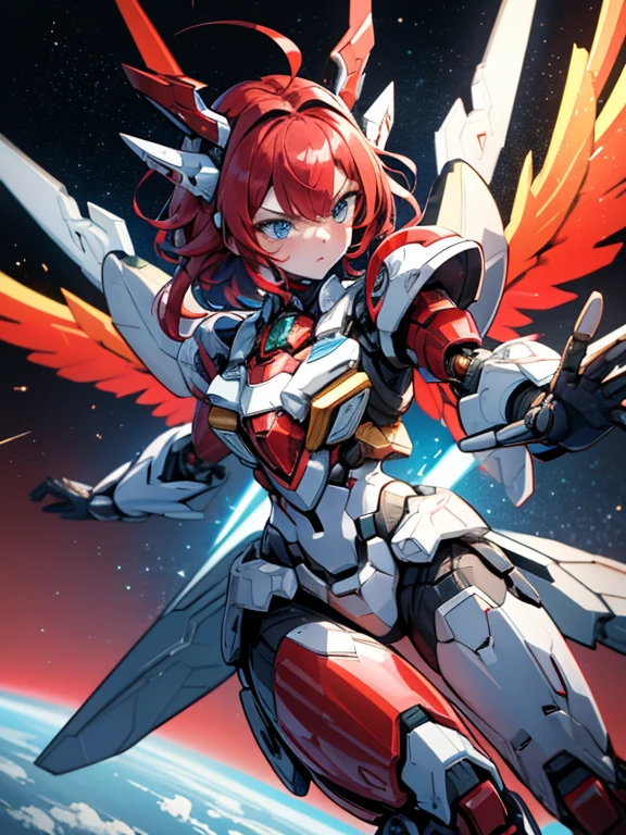 {{{masterpiece}}}, {{{best quality}}}, {{ultra-detailed}}, {illustration}, {{an extremely delicate and beautiful}},mecha musume,mechanical parts,robot joints,headgear,1girl,red hair,short hair,wave hair,blue eyes,mecanic wings,red body,having machingun,electric aura,explosion,flying,serious face,in space,